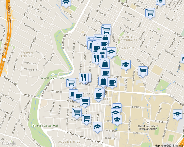 map of restaurants, bars, coffee shops, grocery stores, and more near 2707 Rio Grande Street in Austin