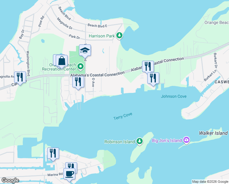 map of restaurants, bars, coffee shops, grocery stores, and more near 27582 Canal Road in Orange Beach