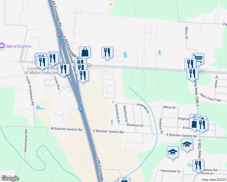 map of restaurants, bars, coffee shops, grocery stores, and more near 282 Amesbury Drive in Lafayette