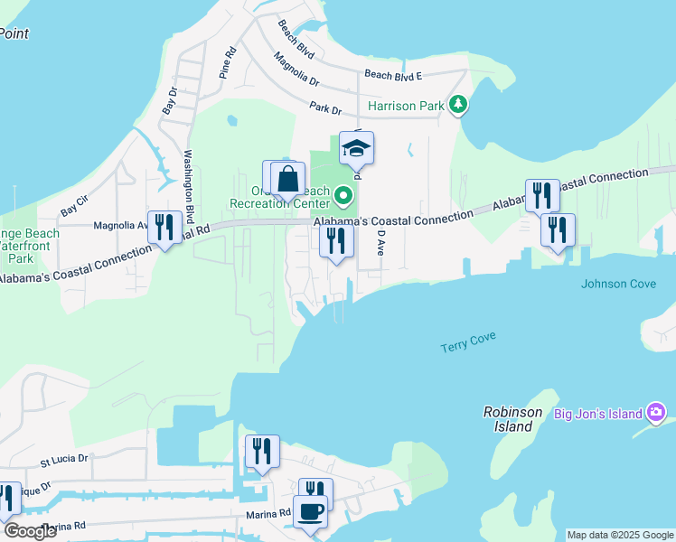 map of restaurants, bars, coffee shops, grocery stores, and more near 27282 Canal Road in Orange Beach