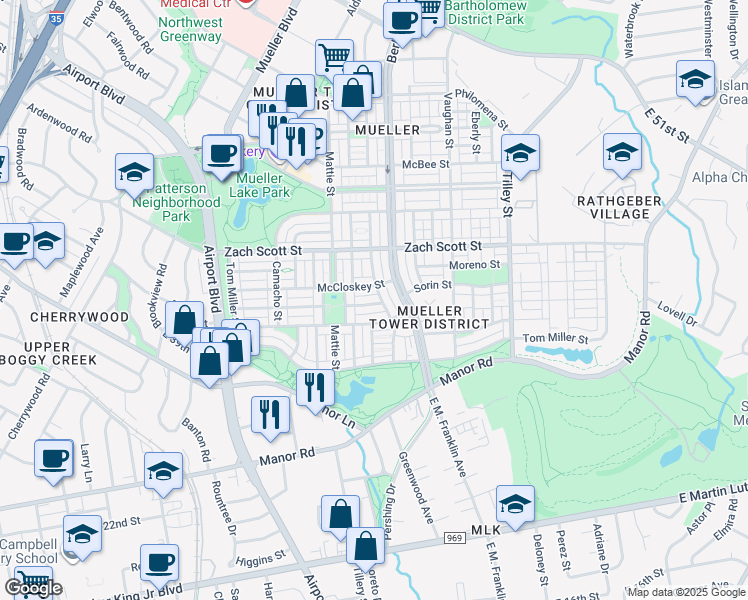 map of restaurants, bars, coffee shops, grocery stores, and more near 2132 Emma Long Street in Austin