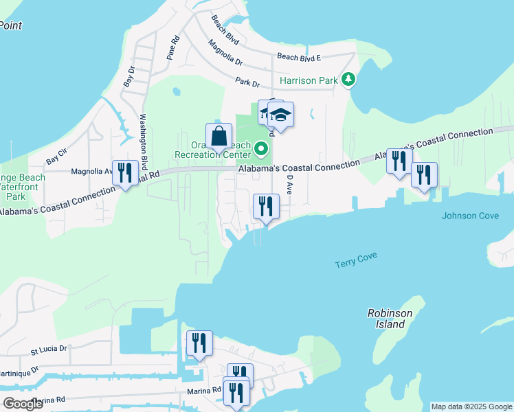 map of restaurants, bars, coffee shops, grocery stores, and more near 27282 Canal Road in Orange Beach