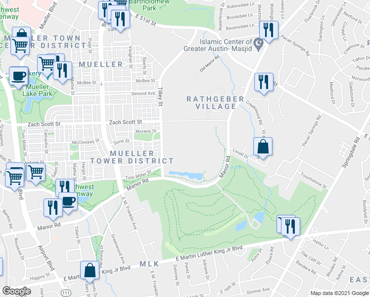map of restaurants, bars, coffee shops, grocery stores, and more near Chennault Street in Austin