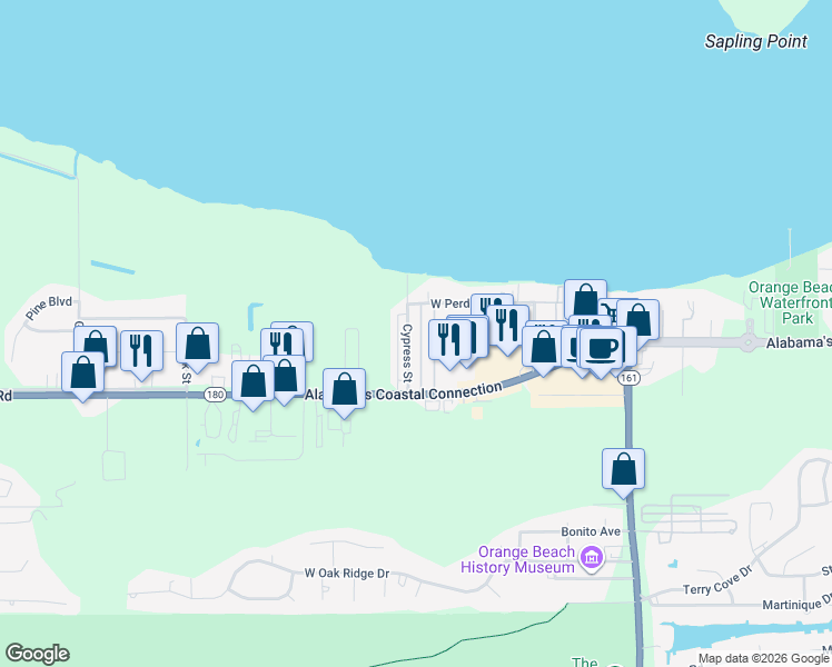map of restaurants, bars, coffee shops, grocery stores, and more near 42 Cypress Street in Orange Beach