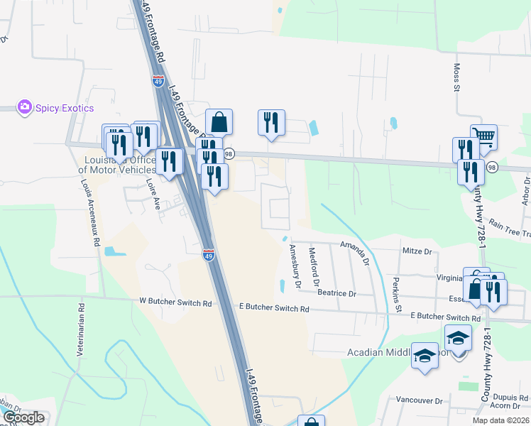 map of restaurants, bars, coffee shops, grocery stores, and more near 282 Amesbury Drive in Lafayette