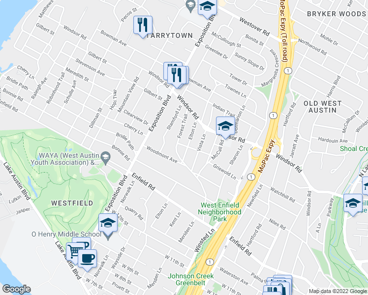 map of restaurants, bars, coffee shops, grocery stores, and more near 1804 Elton Lane in Austin