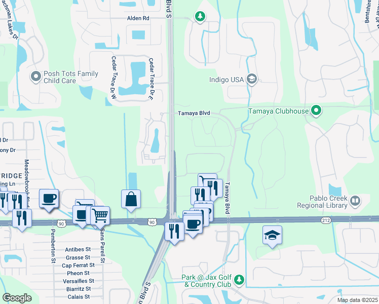 map of restaurants, bars, coffee shops, grocery stores, and more near 12868 Josslyn Lane in Jacksonville
