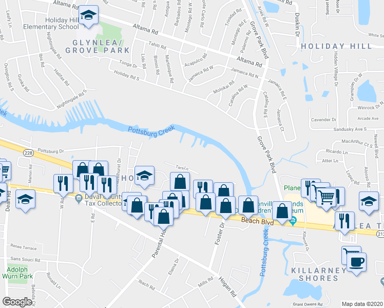 map of restaurants, bars, coffee shops, grocery stores, and more near 8027 Tara Lane in Jacksonville