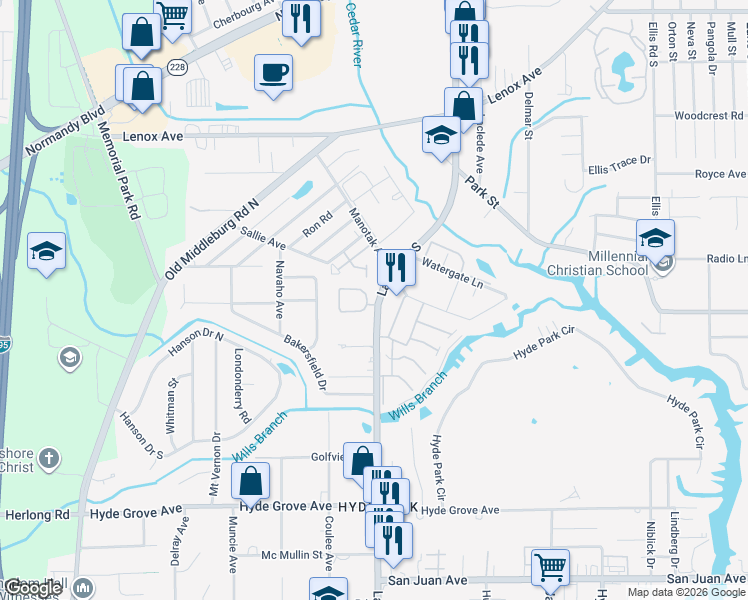 map of restaurants, bars, coffee shops, grocery stores, and more near 1570 Lane Avenue South in Jacksonville
