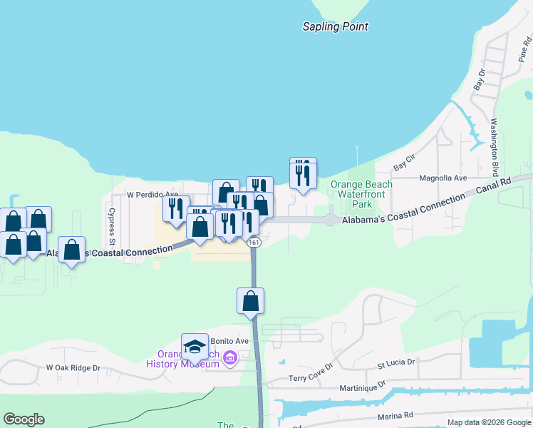 map of restaurants, bars, coffee shops, grocery stores, and more near 26063 Canal Road in Orange Beach
