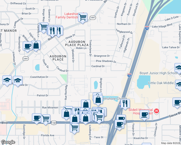 map of restaurants, bars, coffee shops, grocery stores, and more near 508 Timberlane Drive in Slidell