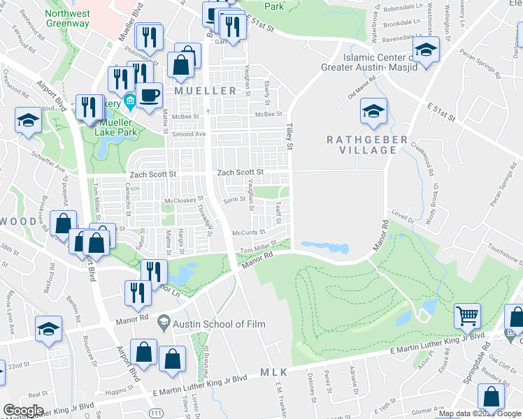 map of restaurants, bars, coffee shops, grocery stores, and more near 4019 Briones Street in Austin
