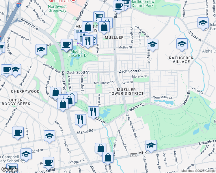 map of restaurants, bars, coffee shops, grocery stores, and more near 2132 Emma Long Street in Austin