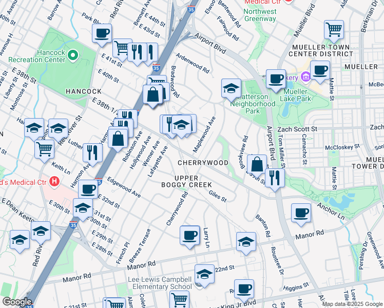 map of restaurants, bars, coffee shops, grocery stores, and more near 3809a Maplewood Avenue in Austin