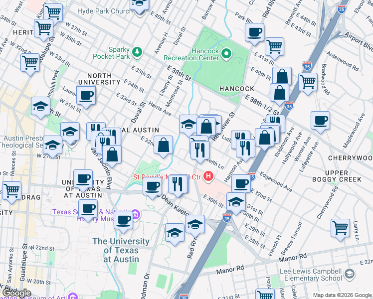 map of restaurants, bars, coffee shops, grocery stores, and more near 3208 Hampton Road in Austin