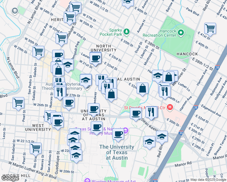 map of restaurants, bars, coffee shops, grocery stores, and more near 3006 Duval Street in Austin