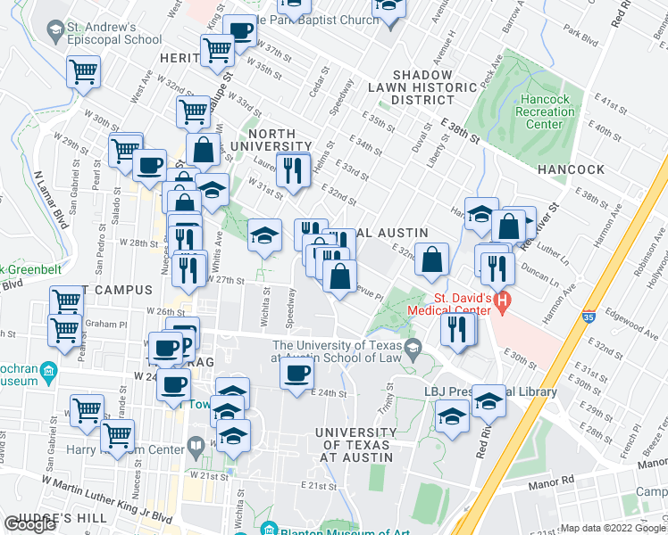 map of restaurants, bars, coffee shops, grocery stores, and more near 3006 Duval Street in Austin