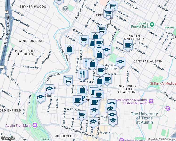 map of restaurants, bars, coffee shops, grocery stores, and more near 2704 Rio Grande Street in Austin