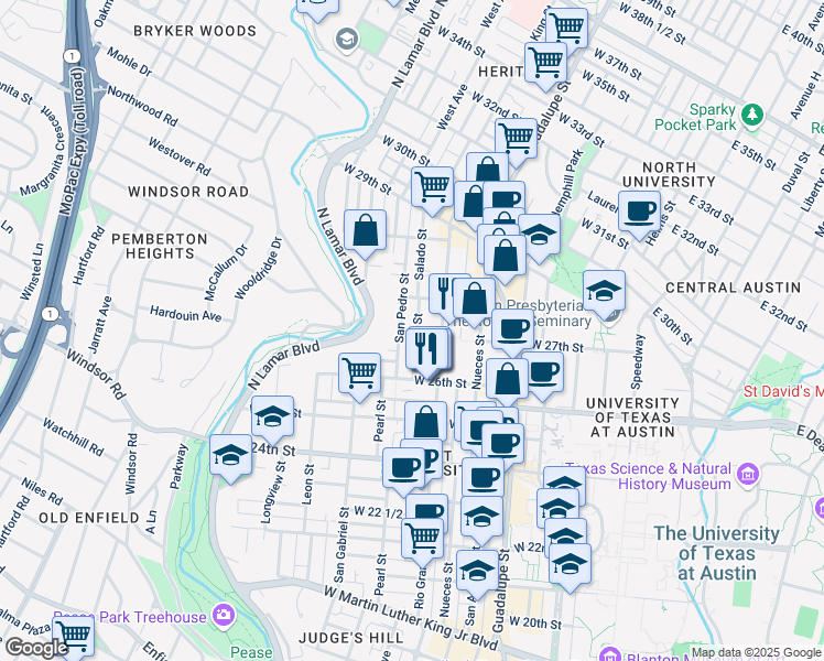 map of restaurants, bars, coffee shops, grocery stores, and more near 2614 San Pedro Street in Austin