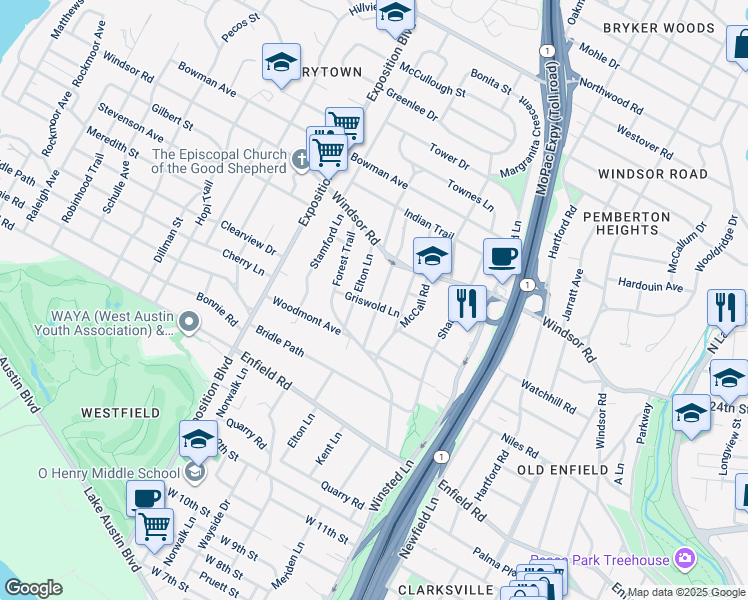 map of restaurants, bars, coffee shops, grocery stores, and more near 1903 Vista Lane in Austin