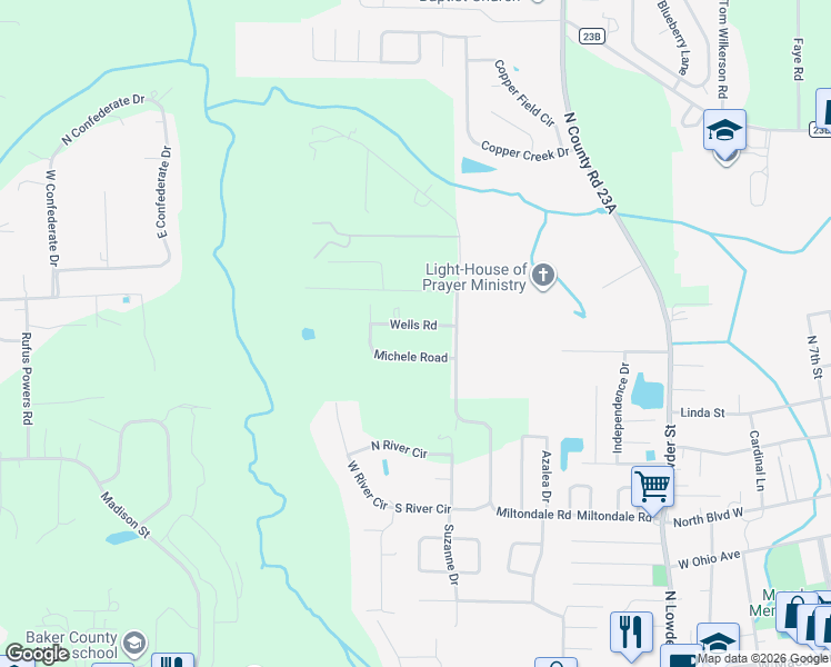 map of restaurants, bars, coffee shops, grocery stores, and more near 6110 Wells Road in Macclenny