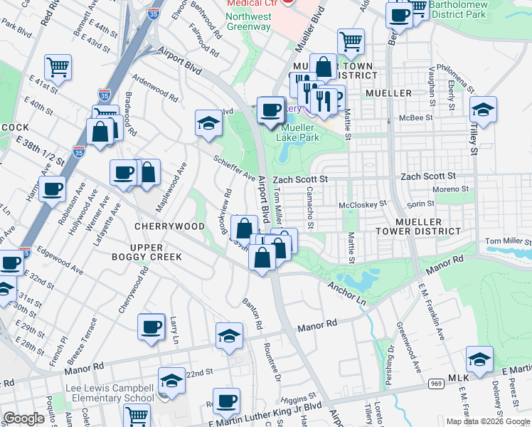 map of restaurants, bars, coffee shops, grocery stores, and more near Airport Boulevard in Austin