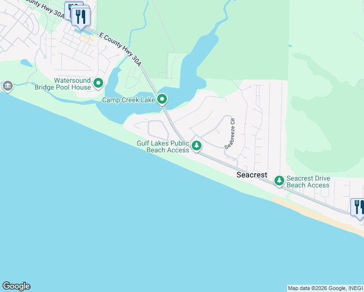 map of restaurants, bars, coffee shops, grocery stores, and more near 30 Pelican Circle in Santa Rosa Beach