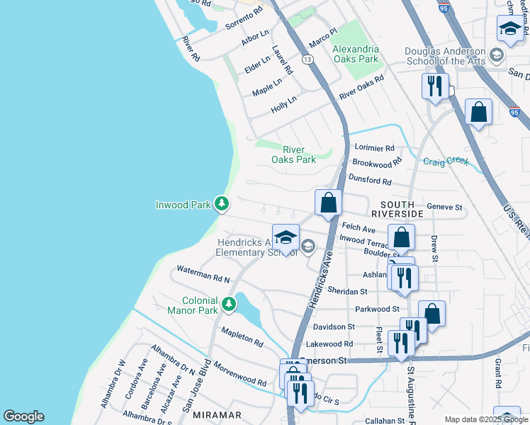 map of restaurants, bars, coffee shops, grocery stores, and more near 3137 Wellesley Square in Jacksonville