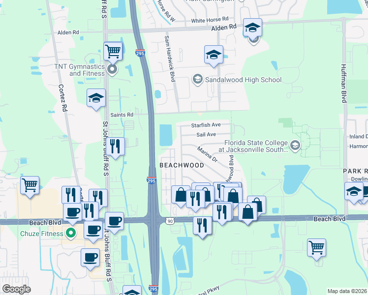 map of restaurants, bars, coffee shops, grocery stores, and more near 2929 Mangrove Avenue in Jacksonville