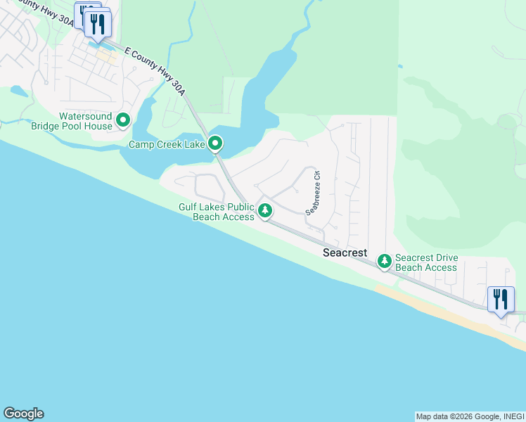 map of restaurants, bars, coffee shops, grocery stores, and more near 56 Seabreeze Circle in Seacrest