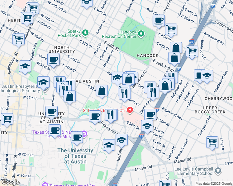 map of restaurants, bars, coffee shops, grocery stores, and more near 3208 Hampton Road in Austin