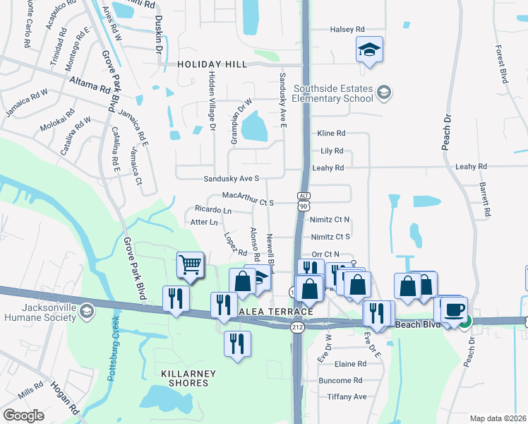 map of restaurants, bars, coffee shops, grocery stores, and more near 2914 Newell Boulevard in Jacksonville
