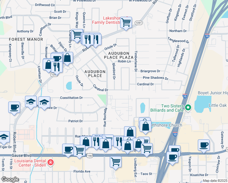 map of restaurants, bars, coffee shops, grocery stores, and more near 311 Cardinal Drive in Slidell