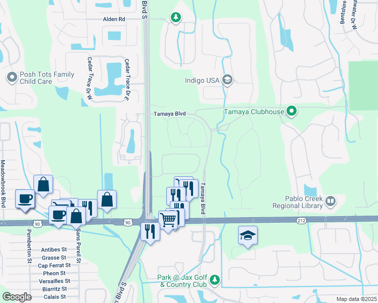 map of restaurants, bars, coffee shops, grocery stores, and more near 12824 Josslyn Lane in Jacksonville