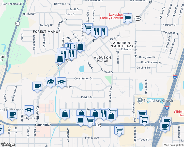 map of restaurants, bars, coffee shops, grocery stores, and more near 241 Martin Lane in Slidell