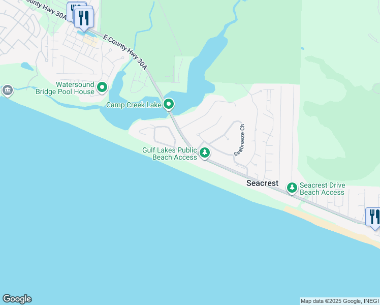 map of restaurants, bars, coffee shops, grocery stores, and more near 30 Pelican Circle in Santa Rosa Beach