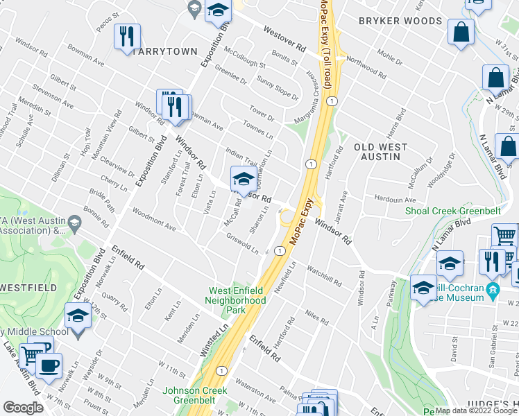 map of restaurants, bars, coffee shops, grocery stores, and more near 2200 Sharon Lane in Austin
