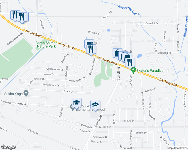 map of restaurants, bars, coffee shops, grocery stores, and more near 122 Seville Court in Slidell