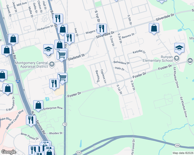 map of restaurants, bars, coffee shops, grocery stores, and more near 105 Baretta Drive in Conroe