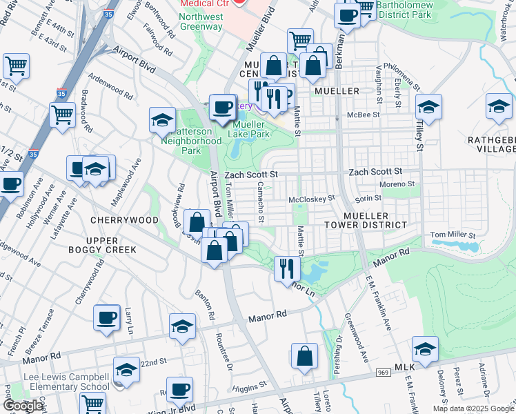 map of restaurants, bars, coffee shops, grocery stores, and more near 4028 Camacho Street in Austin