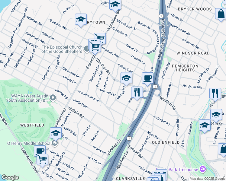 map of restaurants, bars, coffee shops, grocery stores, and more near 1903 Vista Lane in Austin