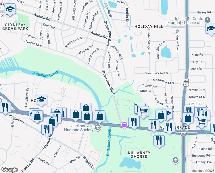 map of restaurants, bars, coffee shops, grocery stores, and more near 1411 Grove Park Boulevard in Jacksonville