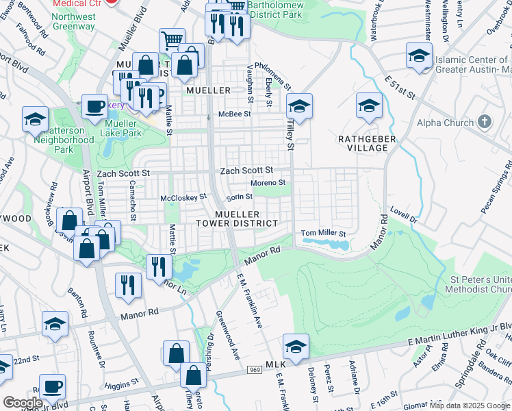 map of restaurants, bars, coffee shops, grocery stores, and more near 4015 Vaughan Street in Austin