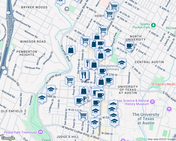 map of restaurants, bars, coffee shops, grocery stores, and more near 2707 Rio Grande Street in Austin