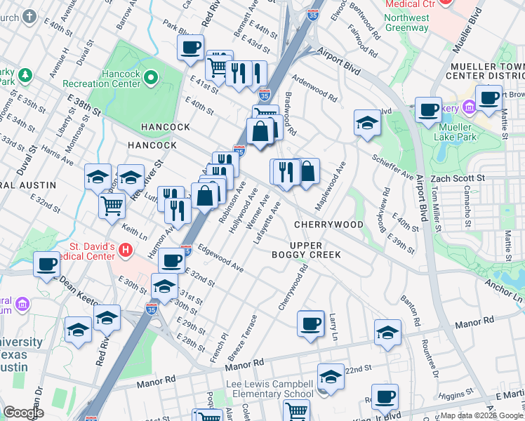 map of restaurants, bars, coffee shops, grocery stores, and more near 3701 Werner Avenue in Austin
