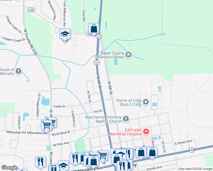 map of restaurants, bars, coffee shops, grocery stores, and more near 738 North 5th Street in Macclenny