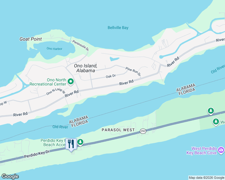 map of restaurants, bars, coffee shops, grocery stores, and more near 31304 River Road in Orange Beach
