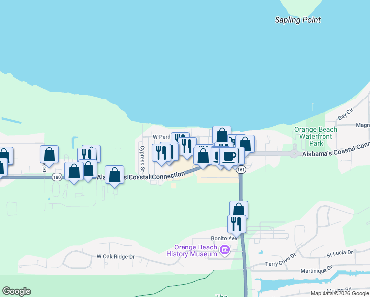 map of restaurants, bars, coffee shops, grocery stores, and more near 25689 Canal Road in Orange Beach