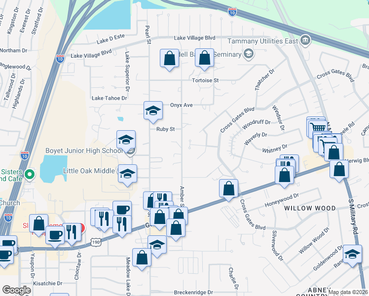 map of restaurants, bars, coffee shops, grocery stores, and more near 108 Dublin Court in Slidell