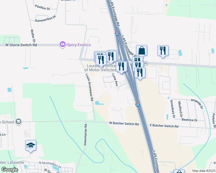 map of restaurants, bars, coffee shops, grocery stores, and more near 305 Cantal Dr in Lafayette